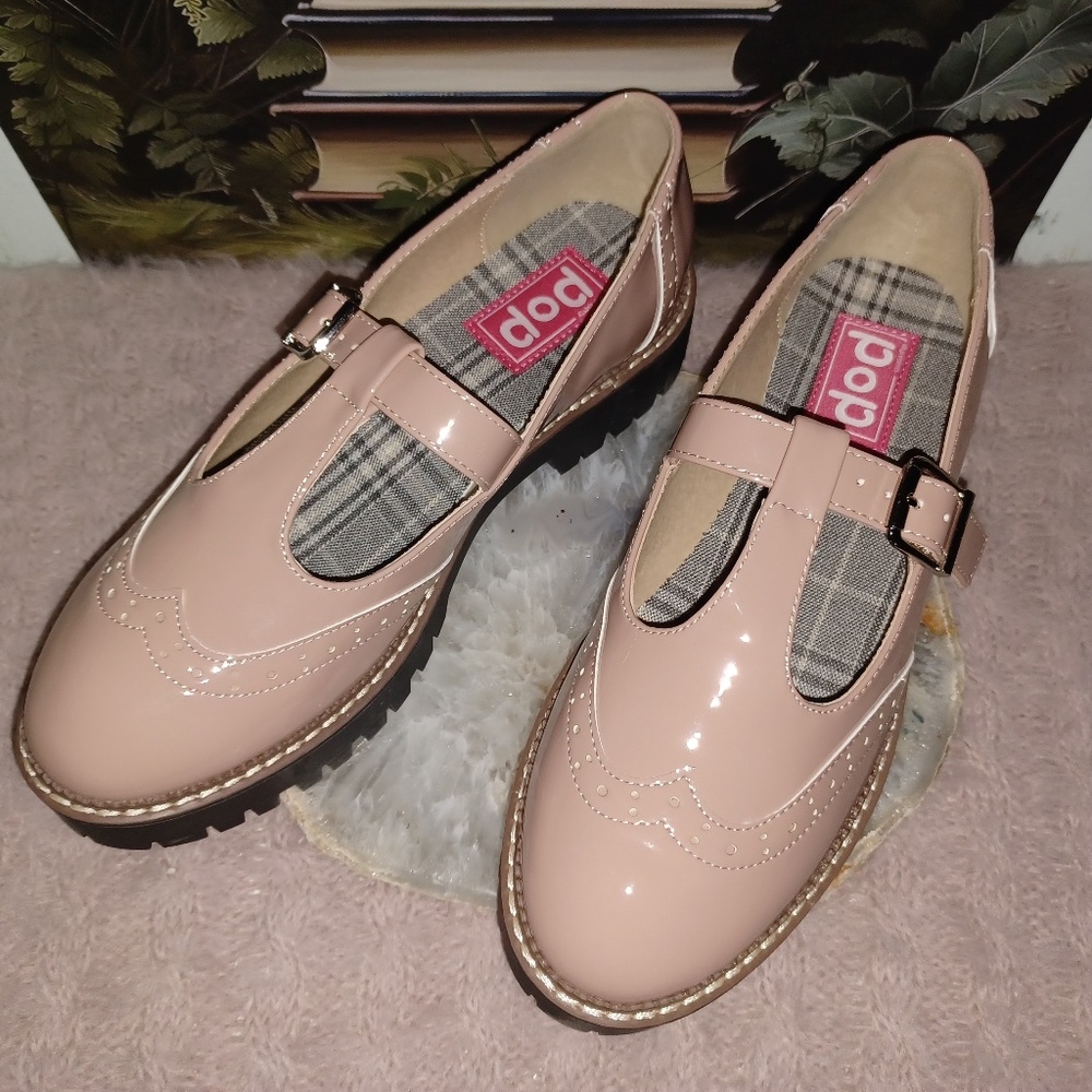 BNIB Pop Brand Womens Tatum Wing Tip Mary Jane’s Dusty Rose Patent Leather Sz9 - Picture 13 of 14